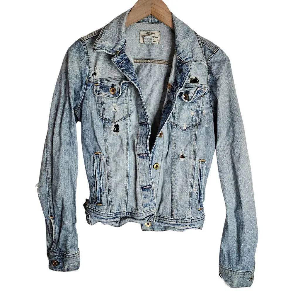 Ralph Lauren Polo Jean Jacket Women's Small Distressed Grunge Denim Blue - Picture 1 of 6